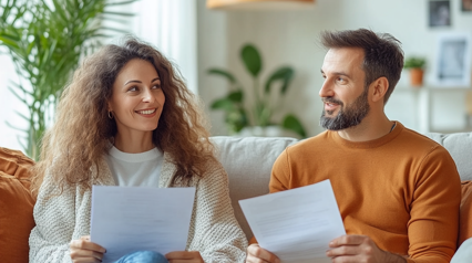 Stel met documenten op de bank